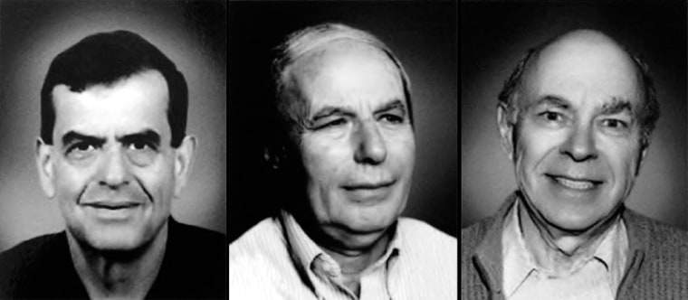 Scientists, from left to right, Aaron Ciechanover, Avram Hershko, both of Israel, and Irwin Rose of the United States won the 2004 Nobel Prize in chemistry on Wednesday.  