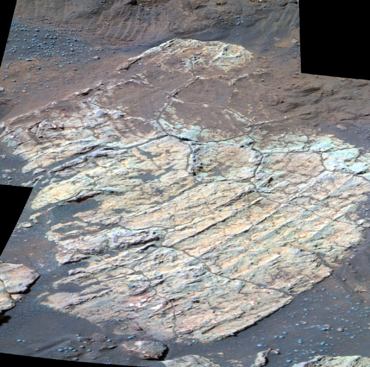 This false-color image taken by NASA's Opportunity rover shows a rock dubbed "Escher" within Endurance Crater. Scientists believe the rock's fractures, which divide the surface into polygons, may have been formed by one of several processes. They may have been caused by the impact that created the crater, or they might have arisen when water left over from the rock's formation dried up.