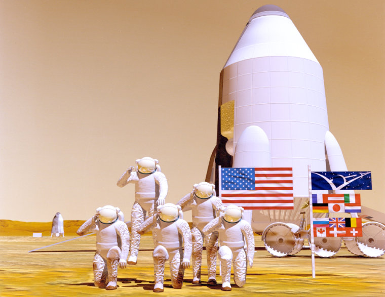 An artist's conception shows international astronauts saluting for the camera after landing on Mars. Russian researchers are planning a 500-day isolation test to prepare for such a mission.