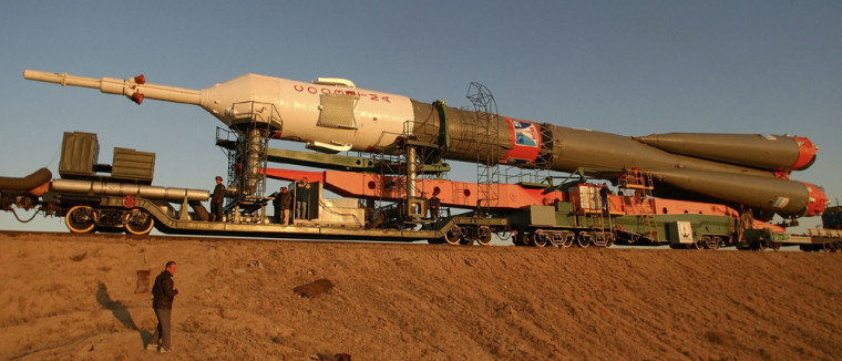 The Soyuz TMA-5 vehicle is rolled to its launch pad at the Baikonur Cosmodrome