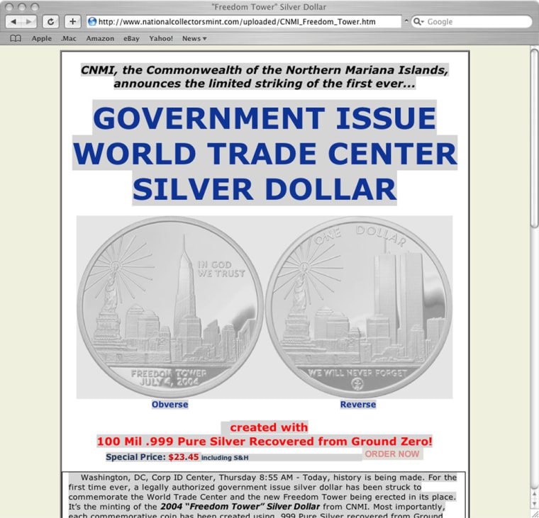 A browser displays the Web site of nationalcollectorsmint.com which offers the coin for sale.