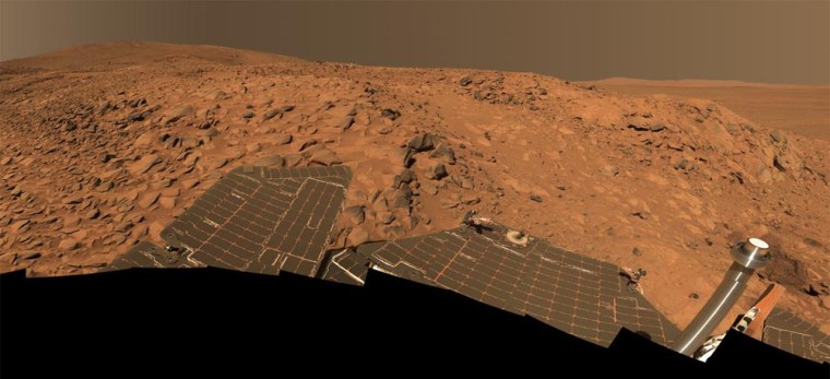 This detail from a 360-degree color image called the "Cahokia Panorama" shows a view of Mars' Columbia hills over the Spirit rover's solar panels. "Cahokia" refers to a Native American archaeological site near St. Louis.