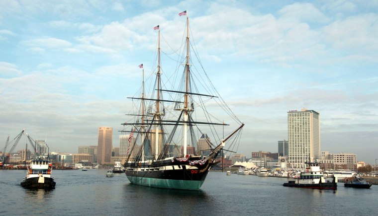 The USS Constellation departs the Baltimore harbor Tuesday for its first visit to the U.S. Naval Academy is more than a century.