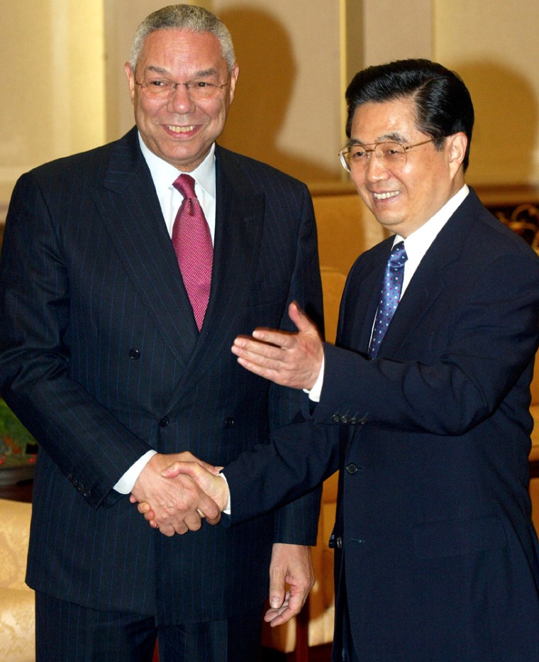 US Secretary of State Colin Powell meets Chinese President Hu Jintao in Beijing