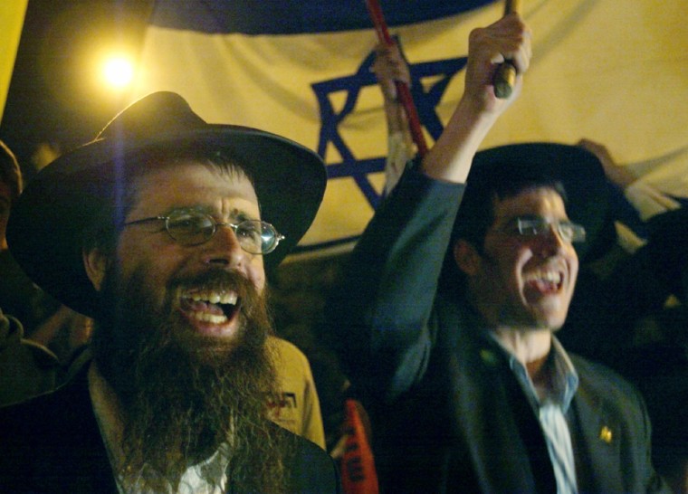 Two Orthodox Jews in Jerusalem shout during a protest against Prime Minister Ariel Sharon's plan to withdraw from the Gaza Strip