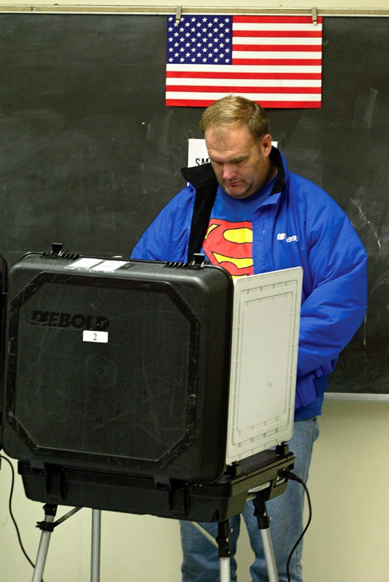 Firefighter Scot Hopkins votes early on a touch-screen voting machine at the Jackie Robinson Center in Pasadena, Calif., on Oct. 20.