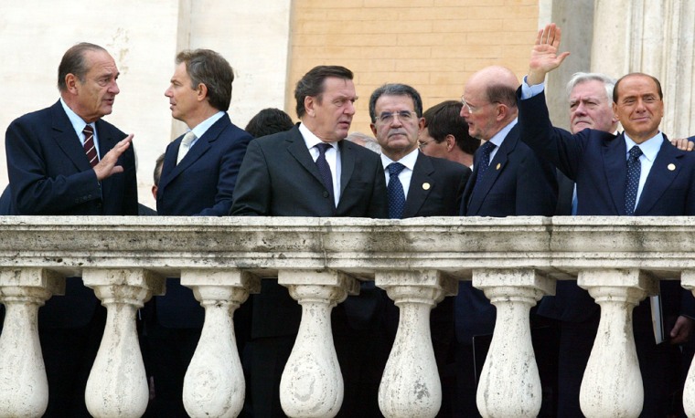 EU heads of state stand on balcony at the Campiodoglio in Rome