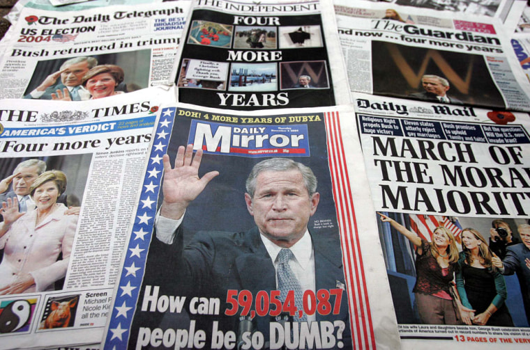British newspapers carry the story of U.S. President Bush's re-election win on their front pages Thursday.