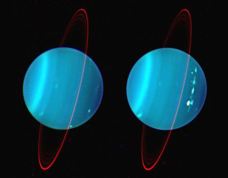 The Keck II Telescope provided this near-infrared image of the two sides of Uranus, with a ring surrounding the planet.