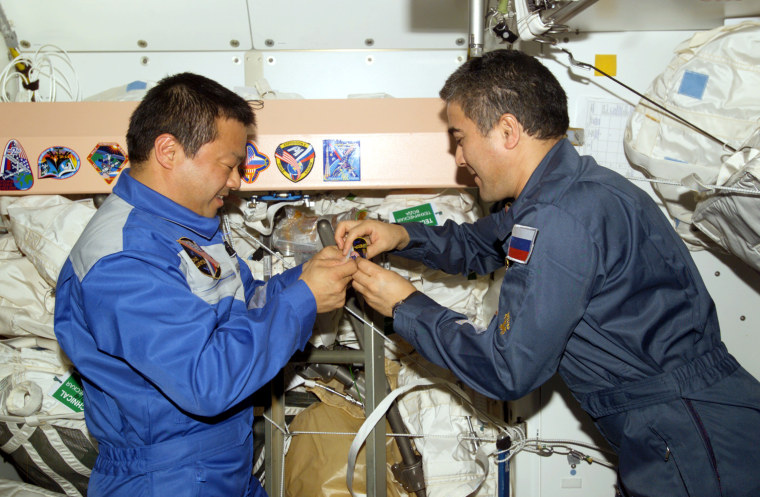 NASA astronaut Leroy Chiao and Russian cosmonaut Salizhan Sharipov add their crew’s Expedition 10 patch to the Unity node’s collection of insignias representing crews who have worked on the international space station.