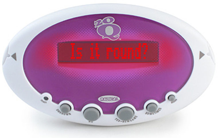 The 20Q pocket game flashes questions such as