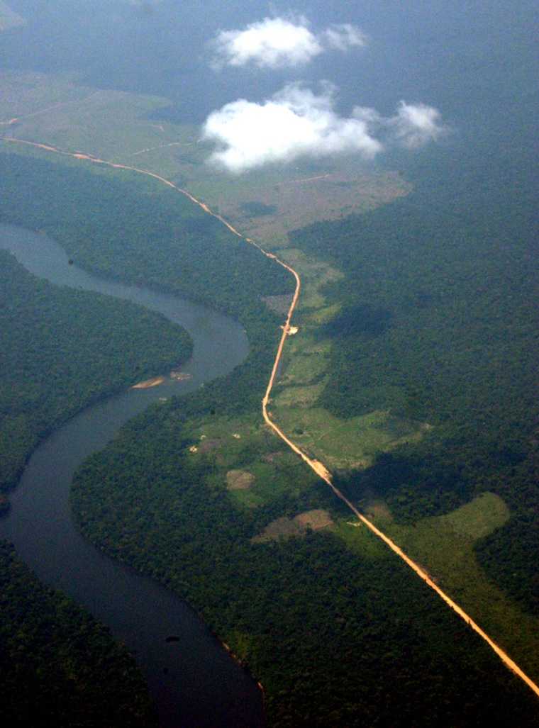 Aerial view showing the trans-amazonian highway in the state of Amazonas