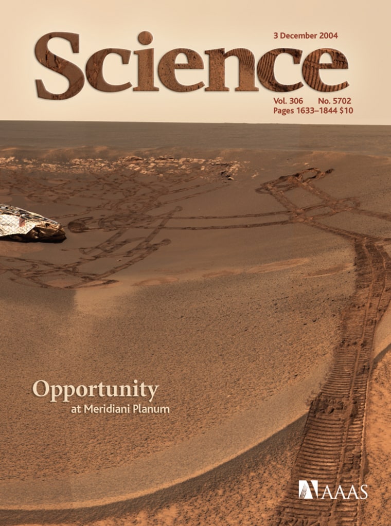 The Opportunity rover's view of its landing site in Mars' Eagle Crater is featured on the cover of the journal Science. The issue details several studies based on data sent back by Opportunity.