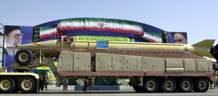 Iran's most modern missile, the Shahab-3, is displayed during a parade ceremony on the 23rd anniversary of the beginning of the Iran-Iraq war in Tehran on Sept. 22, 2003. 