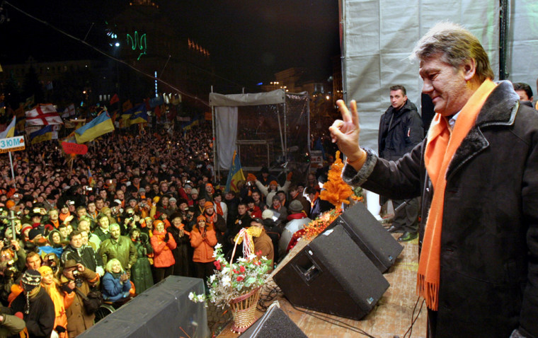 Ukrainian opposition leader Viktor Yushchenko addresses supporters during a mass rally at Independence Square in Kiev on Saturday.