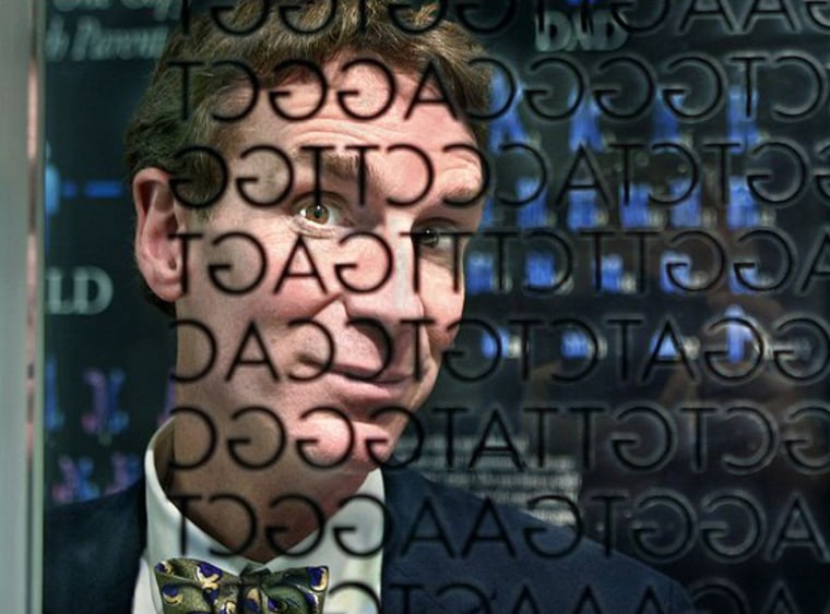 Bill Nye ("the Science Guy") is framed by a display showing a DNA sequence at the Marian Koshland Science Museum of the National Academy of Sciences.