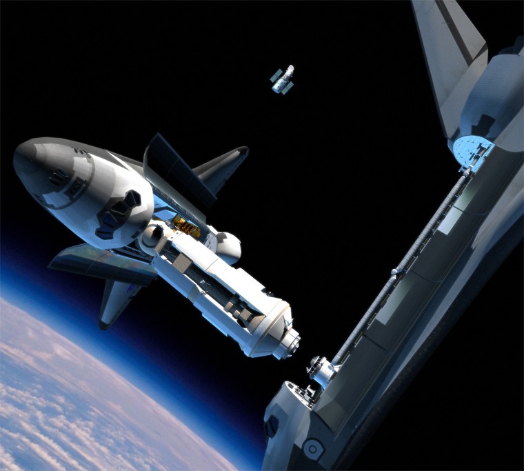An artist's conception shows the emergency safe-haven module docked to one shuttle, while a rescue shuttle approaches for docking. The Hubble Space Telescope can be seen in the background.