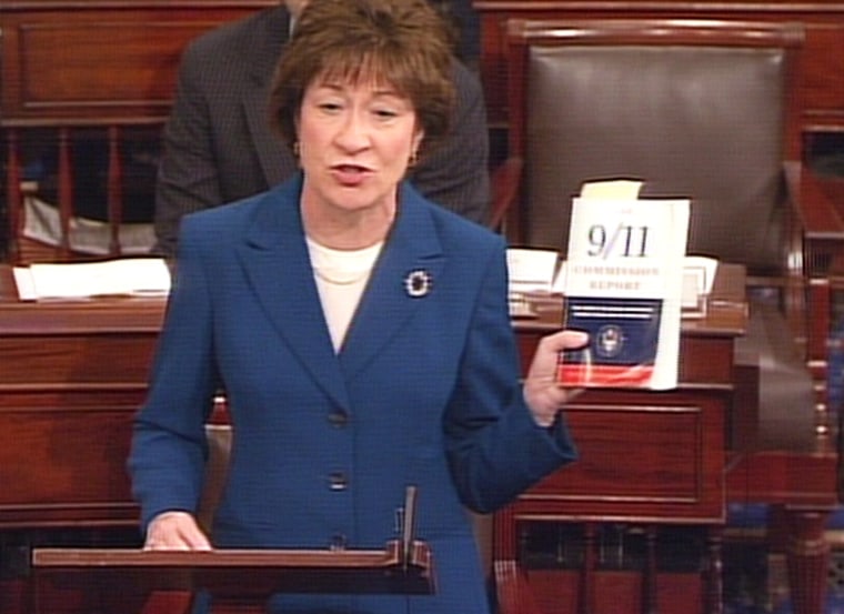 Sen. Susan Collins addresses the Senate Wednesday morning during discussion of legislation to overhaul the U.S. intelligence network.
