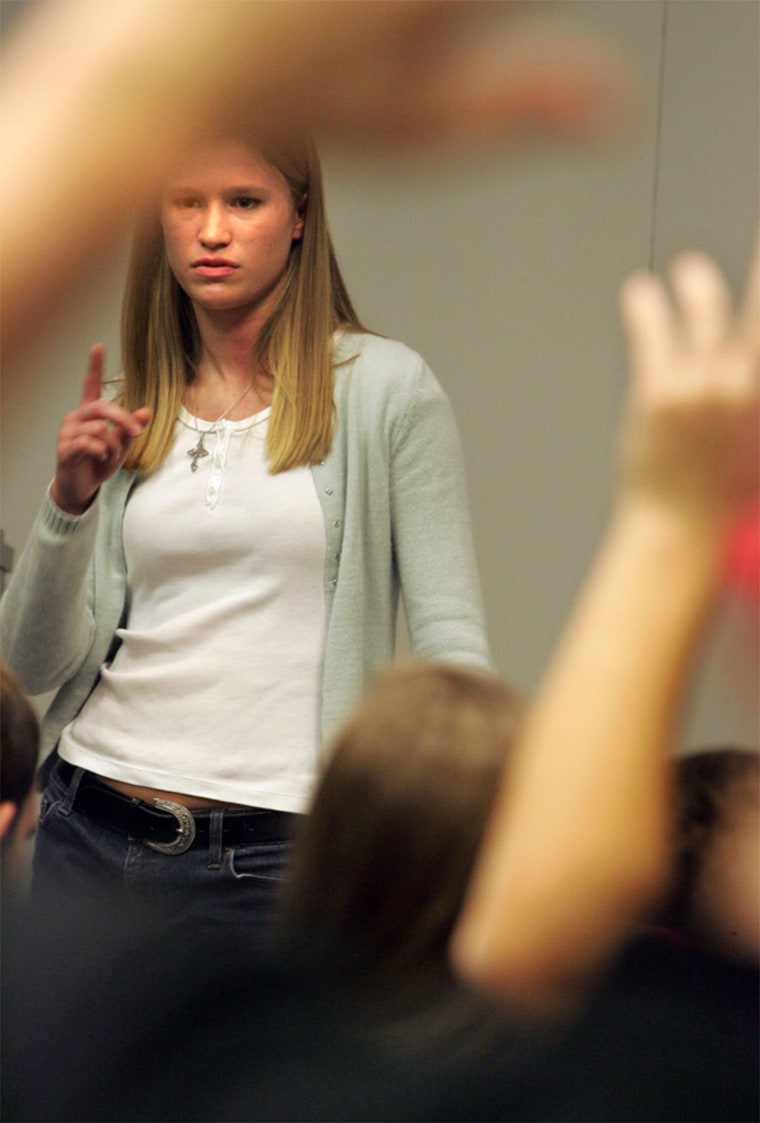 Lauren Daugherty of Clarksville, Tenn., chair of the College Republican Club at Emory University, takes questions during a club meeting at Emory in Atlanta on Dec. 8.