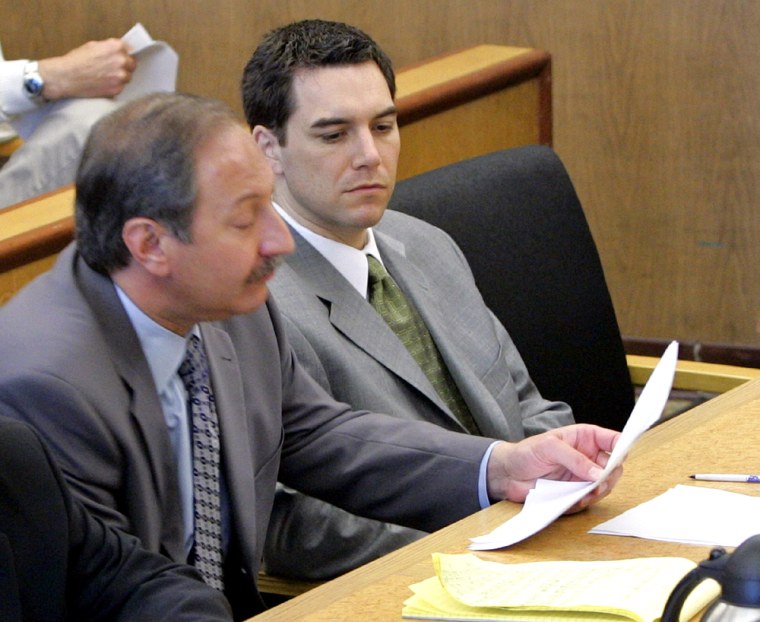Convicted murderer Scott Peterson and his lawyer Geragos during defense closing arguments phase of his trial