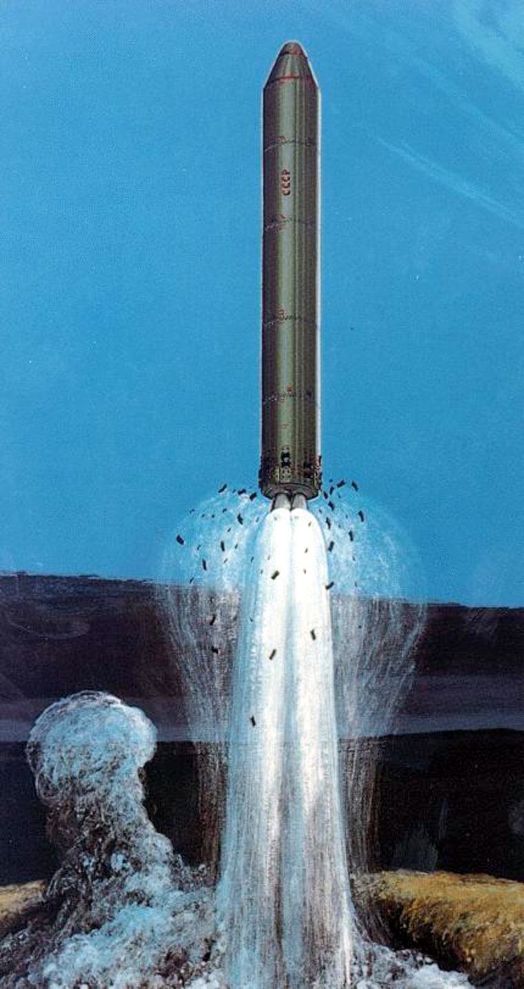 An artist's conception shows the launch of a Soviet-era SS-18 "Satan" intercontinental ballistic missile from its silo. A Satan missile is to be launched on Dec. 22 as part of Russia's effort to move space operations within its borders.