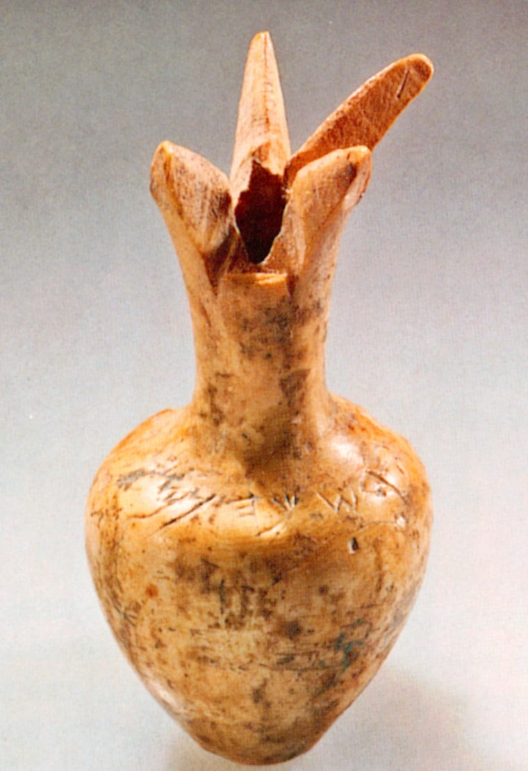 This undated photo released by the Israel Museum Friday, Dec. 24, 2004, shows an ivory pomegranate thought to have been one of the museum's prized possessions. The Israel Museum announced Friday that the ivory pomegranate touted by scholars as the only existing relic from Solomon's Temple, is a forgery. (AP Photo/HO/Israel Museum)  ** NO SALES **.