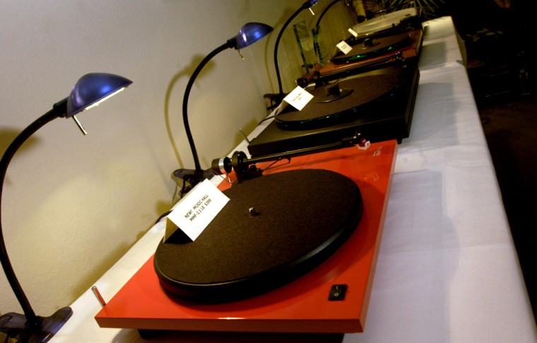 A row of Music Hall turntables is displyed on Jan. 8, at the Las Vegas Consumer Electronics Show.