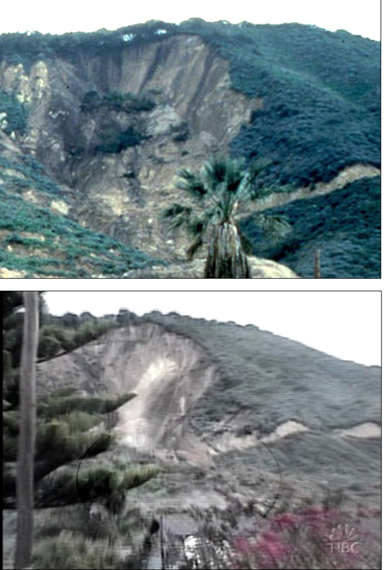 The top pictures shows the area of the mudslide in 2001. The bottom picture shows the same area that slid again Tuesday.