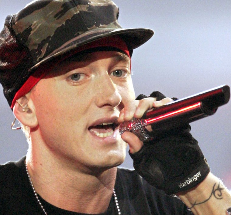 U.S. rapper Eminem performs at the MTV Europe Music Awards, in Rome, Thursday, Nov. 18, 2004. (AP Photo/Andrew Medichini)