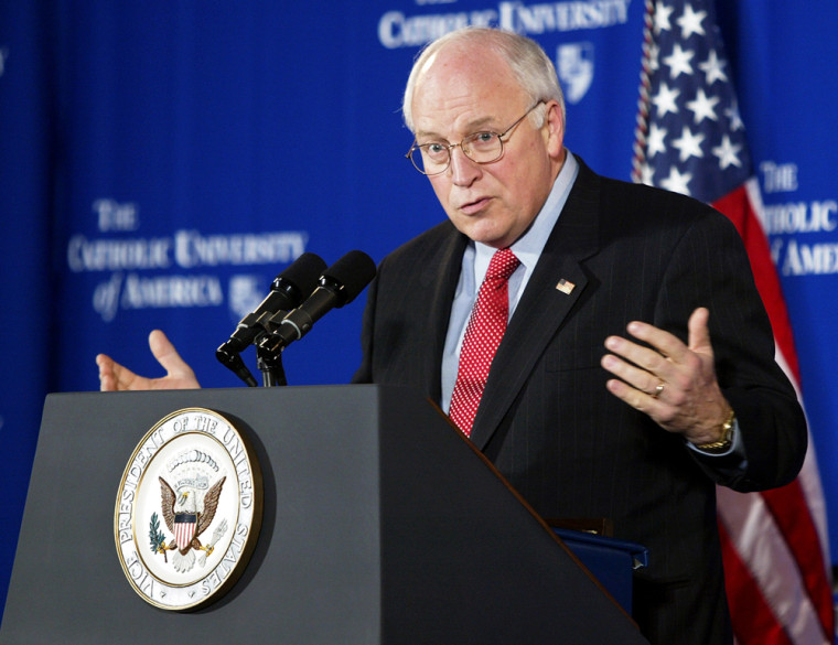 Vice President Dick Cheney argues the benefits of personal investment of a part of workers' salaries Thursday at the Catholic University of America.