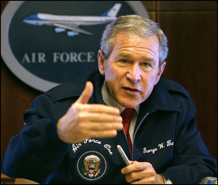 President Bush speaks to The Washington Post during an interview Friday in the conference room aboard Air Force One.