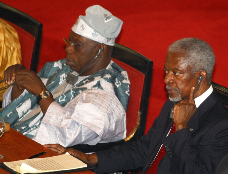Nigerian President Olusegun Obasanjo, left, and U.N. Secretary General Kofi Annan attend the African Union Summit in Abuja, Nigeria, on Sunday. 