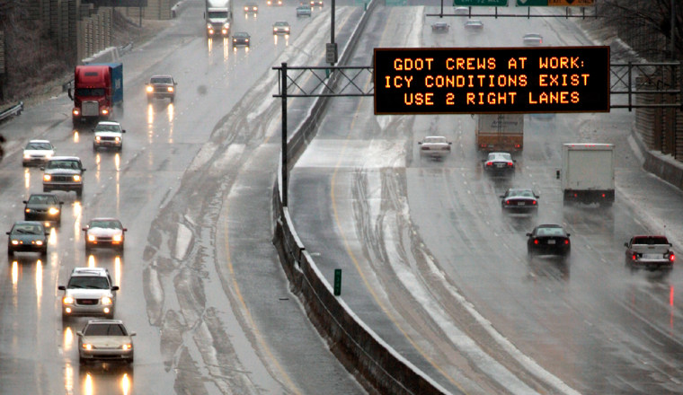 Department of Transportation signs signal motorists of a ice storm that hit the state of Georgia including metro Atlanta