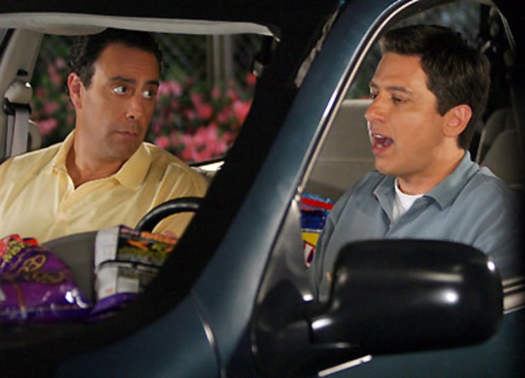 caption: \"Golf For It\" -- Robert (Brad Garrett, left) and Ray (Ray Romano) get into tricky territory over who will have responsibility for Marie in the future, on the eighth-season finale of \"EVERYBODY LOVES RAYMOND,\" scheduled to air on the CBS Television Network. 
Photo: Robert Voets/CBS
)2004 CBS Broadcasting Inc. All Rights Reserved
copyright: