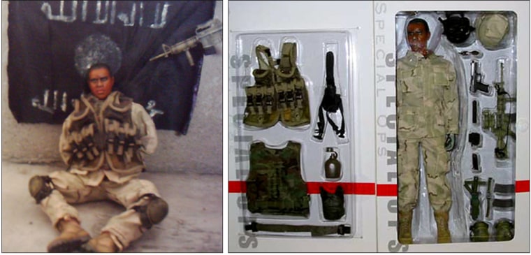 The photo at left was posted on an Iraqi militant Web site and claimed to be of kidnapped U.S. soldier. Doubts were quickly raised, particularly after toy manufacturer Dragon Models USA pointed out the similarities to its "Cody" action figure, pictured at right.