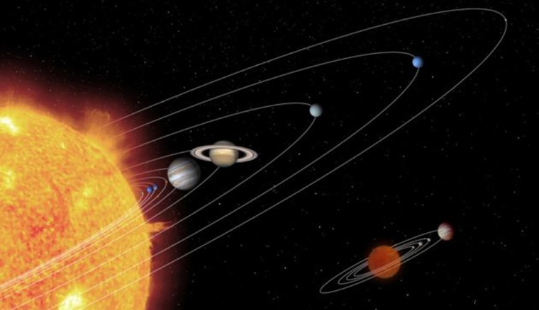 This artist's conception shows the relative size of a hypothetical planetary system anchored by a brown dwarf, compared with our own solar system. The celestial objects are not drawn to the same scale as their orbits.