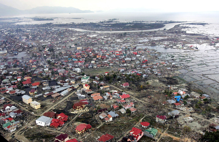 An aerial view shows the tsunami-devastated city of Banda Aceh