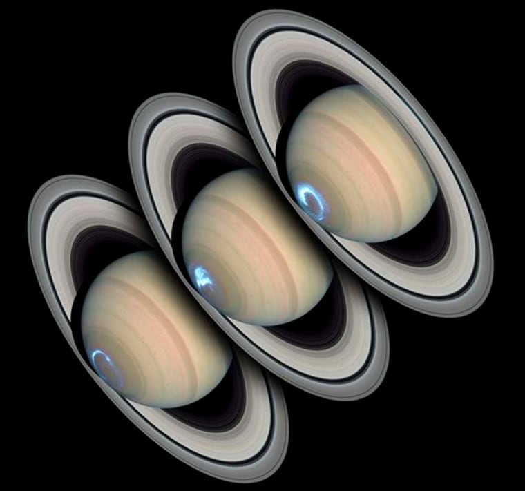 These Hubble Space Telescope images of Saturn and its polar auroral emissions were taken on Jan. 24, 26, and 28 in 2004. Ultraviolet images of the south polar region were combined with visible wavelength images of the planet and rings.