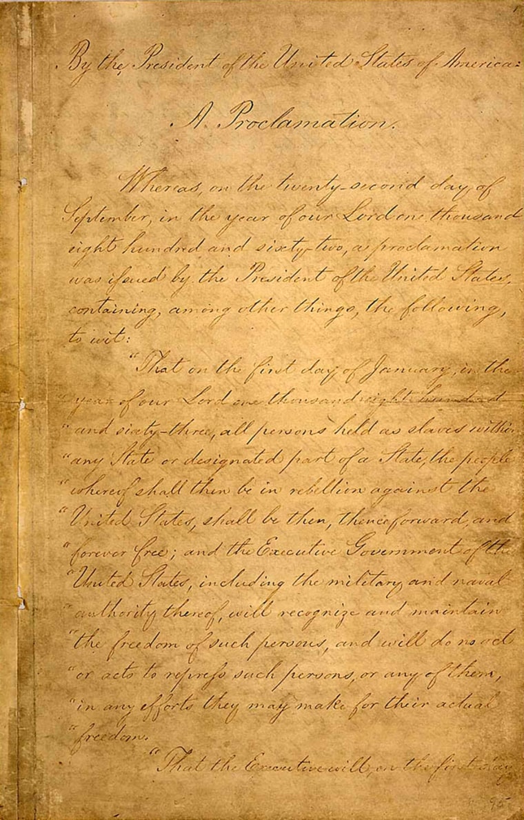The first page of the Emancipation Proclmation goes on display at the National Archives as part of Black History Month celebrations. The poor quality of the paper and ink on the final draft make it vulnerable to light, so it has been only occasionally brought out of storage.