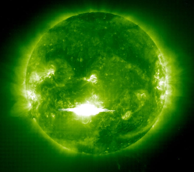 An ultraviolet image from October 2003 shows one of the flare-ups that triggered chemical changes in Earth's upper stratosphere.