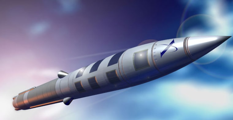 This artist's conception shows the X Prize entry proposed by American Astronautics, which has been reorganized as Aera Corp. Although Aera has not yet publicized the design for its Altairis passenger spaceship, company executives say it will be similar to the X Prize design.