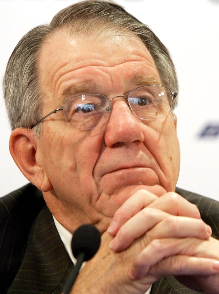 File photo of Boeing's Stonecipher looking on during a news conference in Madrid