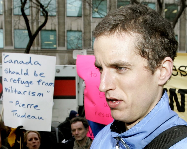 U.S. Army deserter Jeremy Hinzman speaks at a rally after Immigration Board ruling