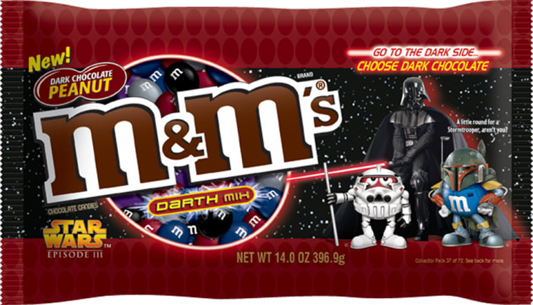In this photograph provided by Masterfoods USA, Tuesday, March 29, 2005, in New York, a package of the new dark chocolate peanut M&Ms candy is shown. Masterfoods USA is introducing the plain and peanut dark chocolate varieties of M&Ms with a Star Wars pitch: Go to the Dark Side. (AP Photo/Masterfoods USA)