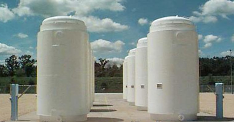 Containers like these are used for temporary storage of spent nuclear fuel.