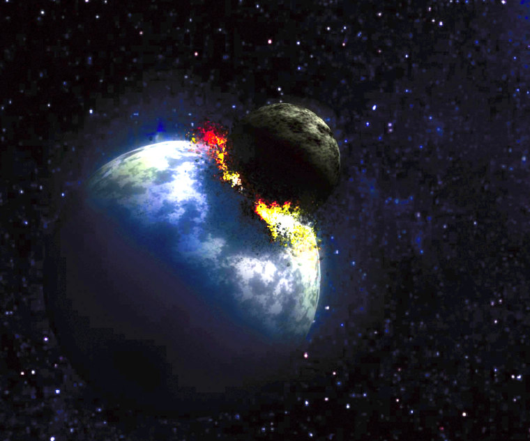 Some scientists suspect that the moon was made from the debris of a monstrous collision billions of years ago - between the newly born Earth and a smaller planet. This artist’s conception shows the cosmic crash.
