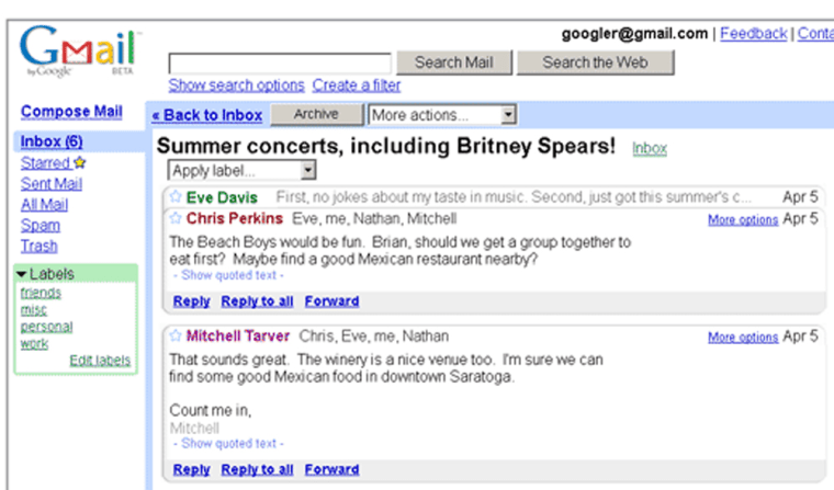 A screen shot of Google's G-mail service.