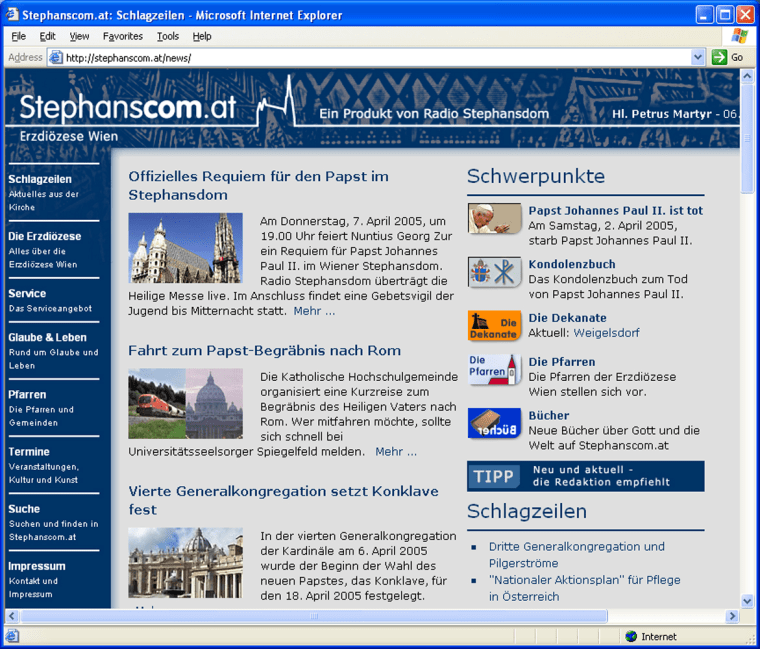 The Web site of the Archdiocese of Vienna offers information about Austrian Cardinal Christoph Schoenborn, considered a possible successor to John Paul. Other unofficial sites openly lobby for their favorites