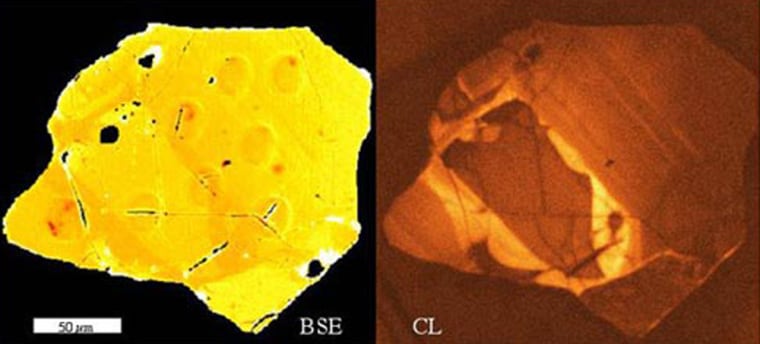 A photomicrograph shows two views of the zircon crystal that scientists consider the oldest object on Earth. The grain measures less than two human hairs in diameter.