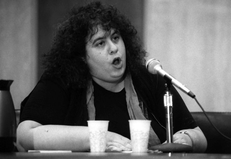 Civil rights advocate and author Andrea Dworkin speaks to a federal commission on pornography in New York in this January 1986 file photo.